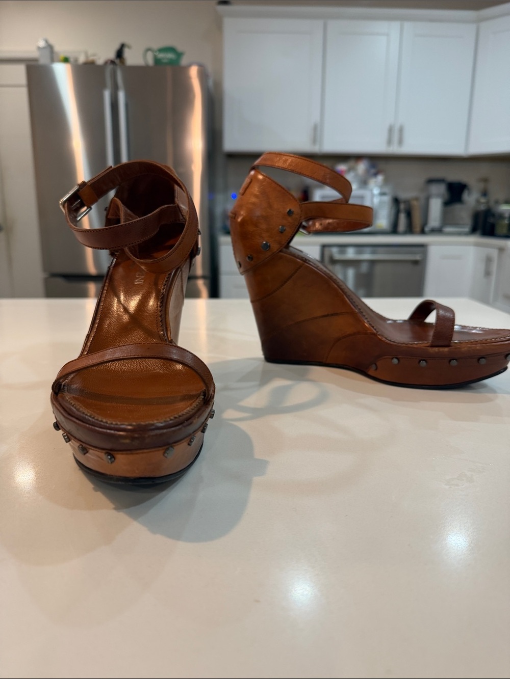 Yves Saint Laurent Tan Brown Leather Wedge Sandals with Ankle Strap Vintage Y2K